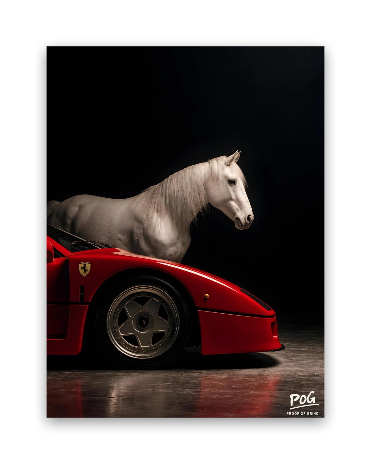 Wit paard, rode bolide – 15×20 cm – Zonder lijst