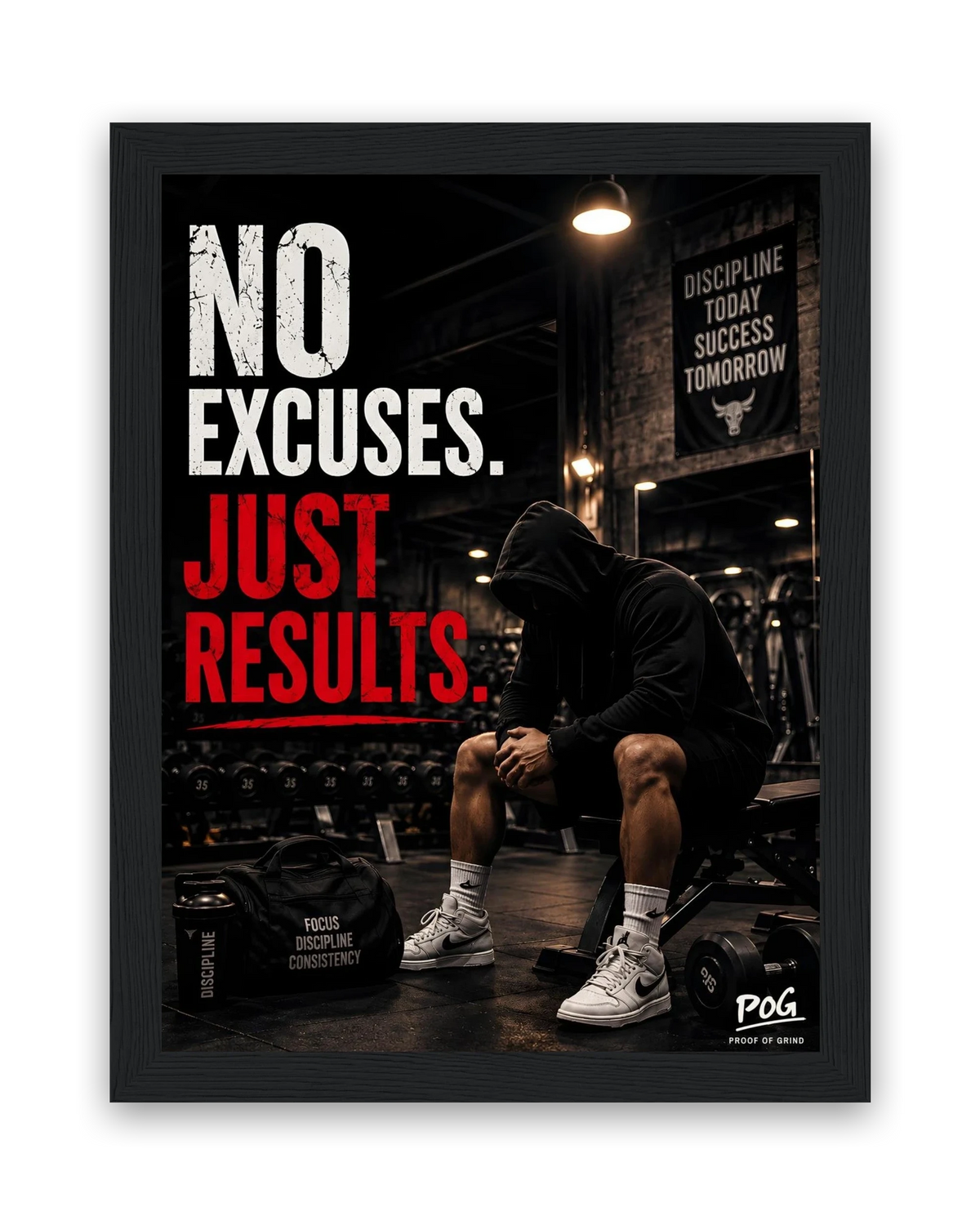 No Excuses Just Results – 15×20 cm – Zwart