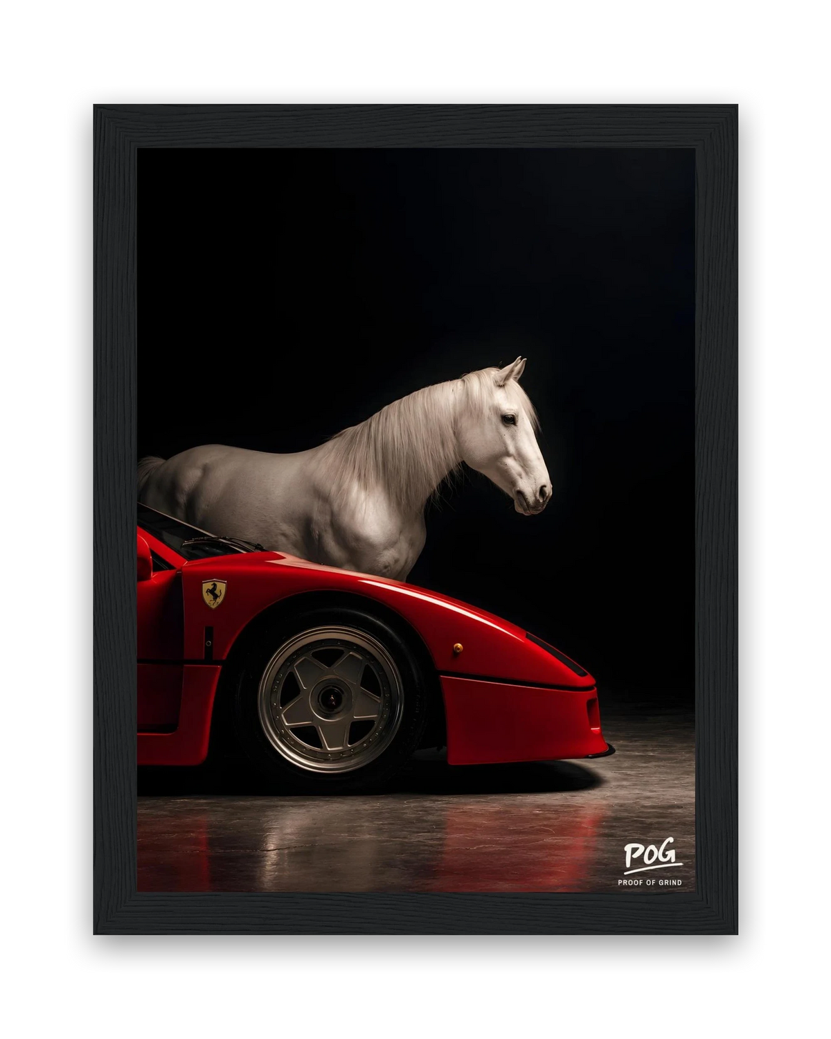 Wit paard, rode bolide – 15×20 cm – Zwart