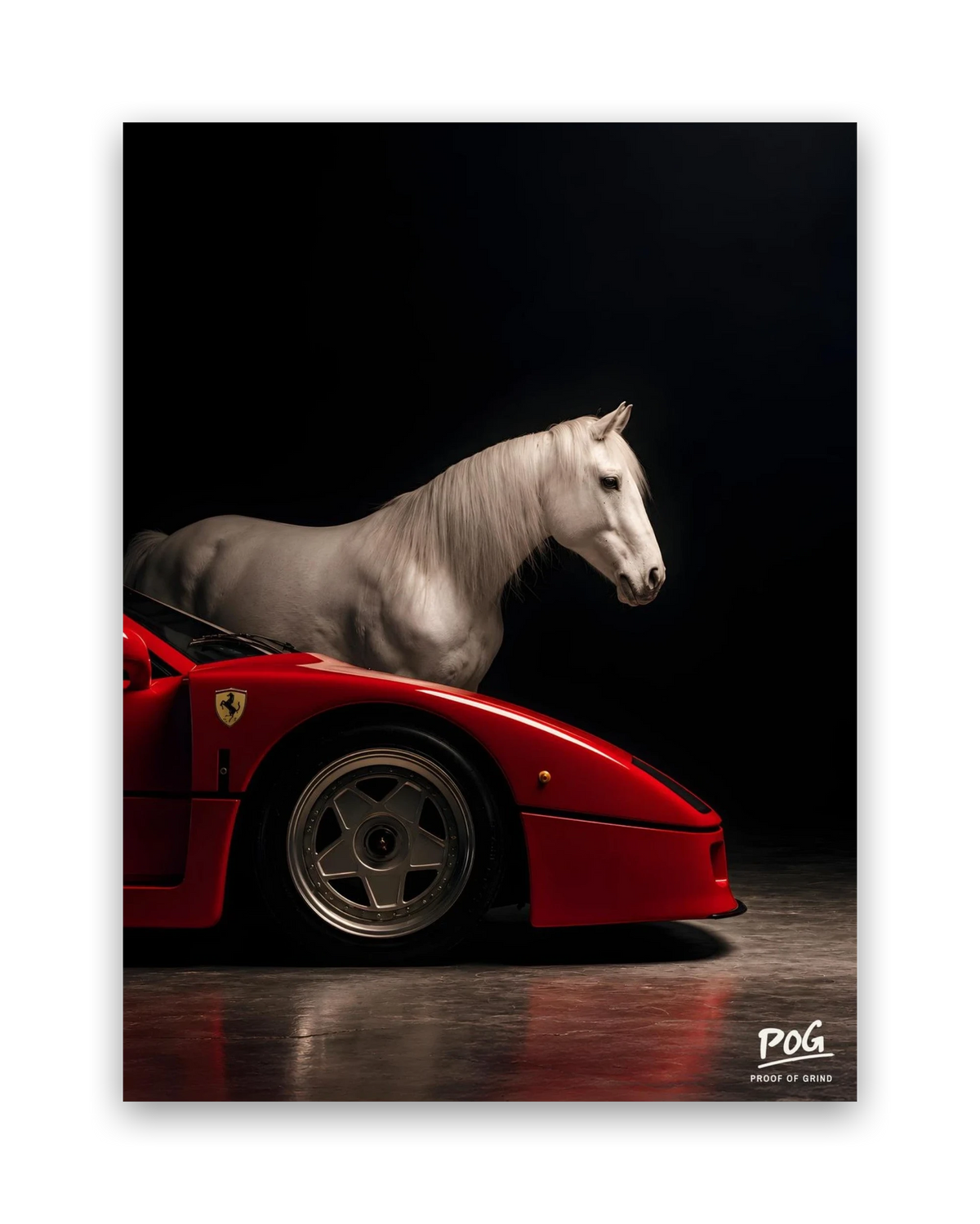 Wit paard, rode bolide – 30×40 cm – Zonder lijst