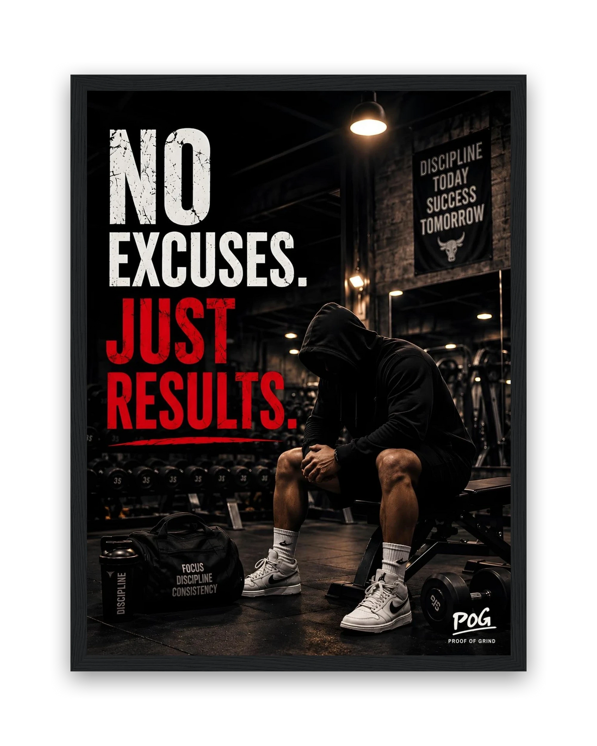 No Excuses Just Results – 30×40 cm – Zwart
