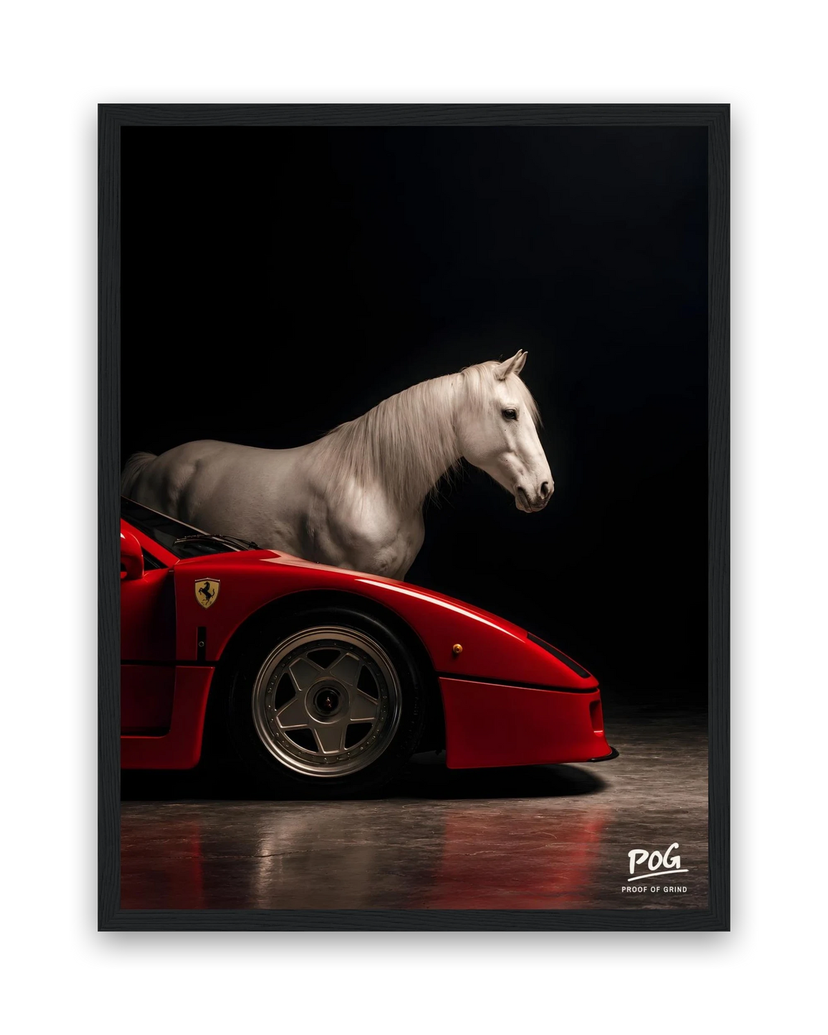 Wit paard, rode bolide – 30×40 cm – Zwart